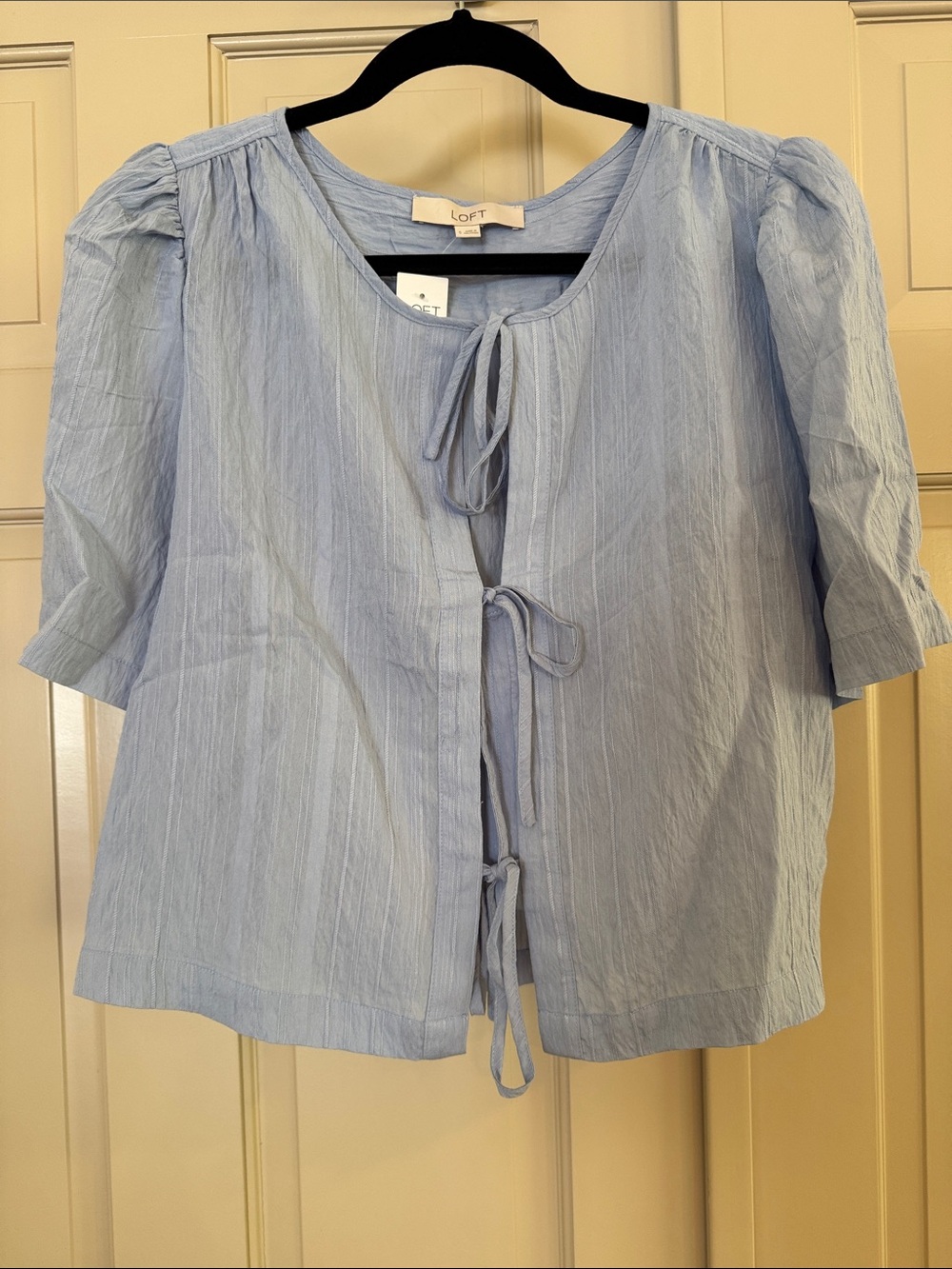 LOFT Pale Blue Tie-Front Puff Sleeve Blouse